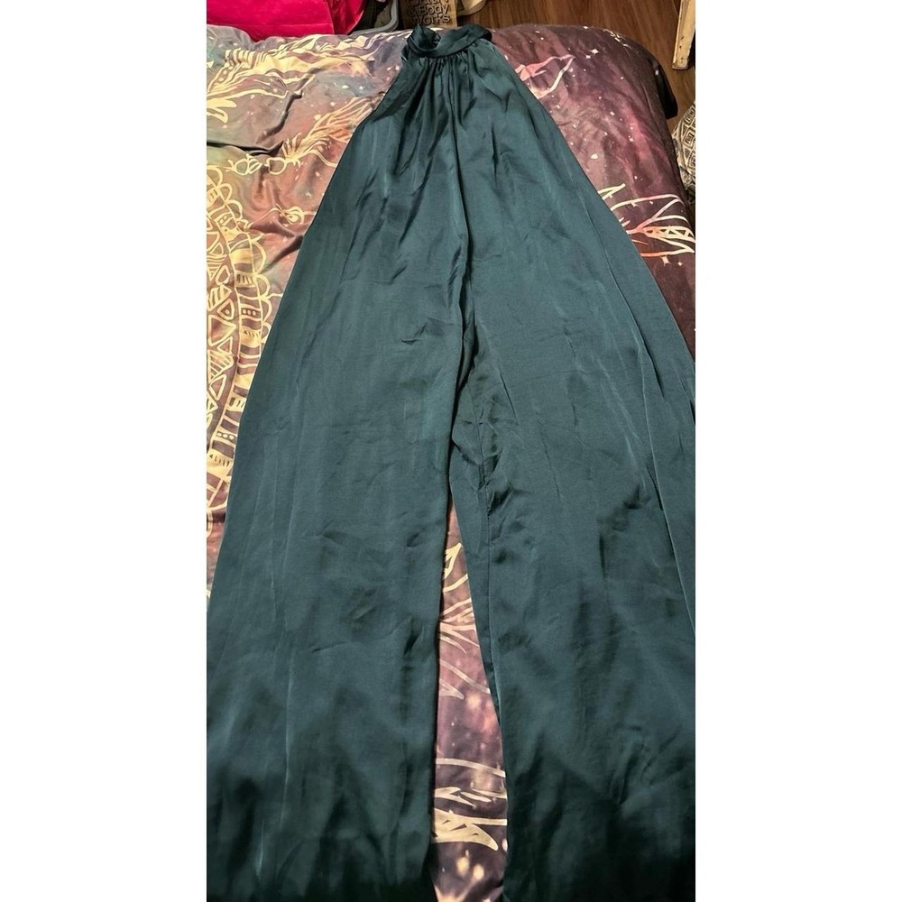 NEW 1 State Teal Peacock Blue Satin High Neck Halter Flowy Jumpsuit, XS